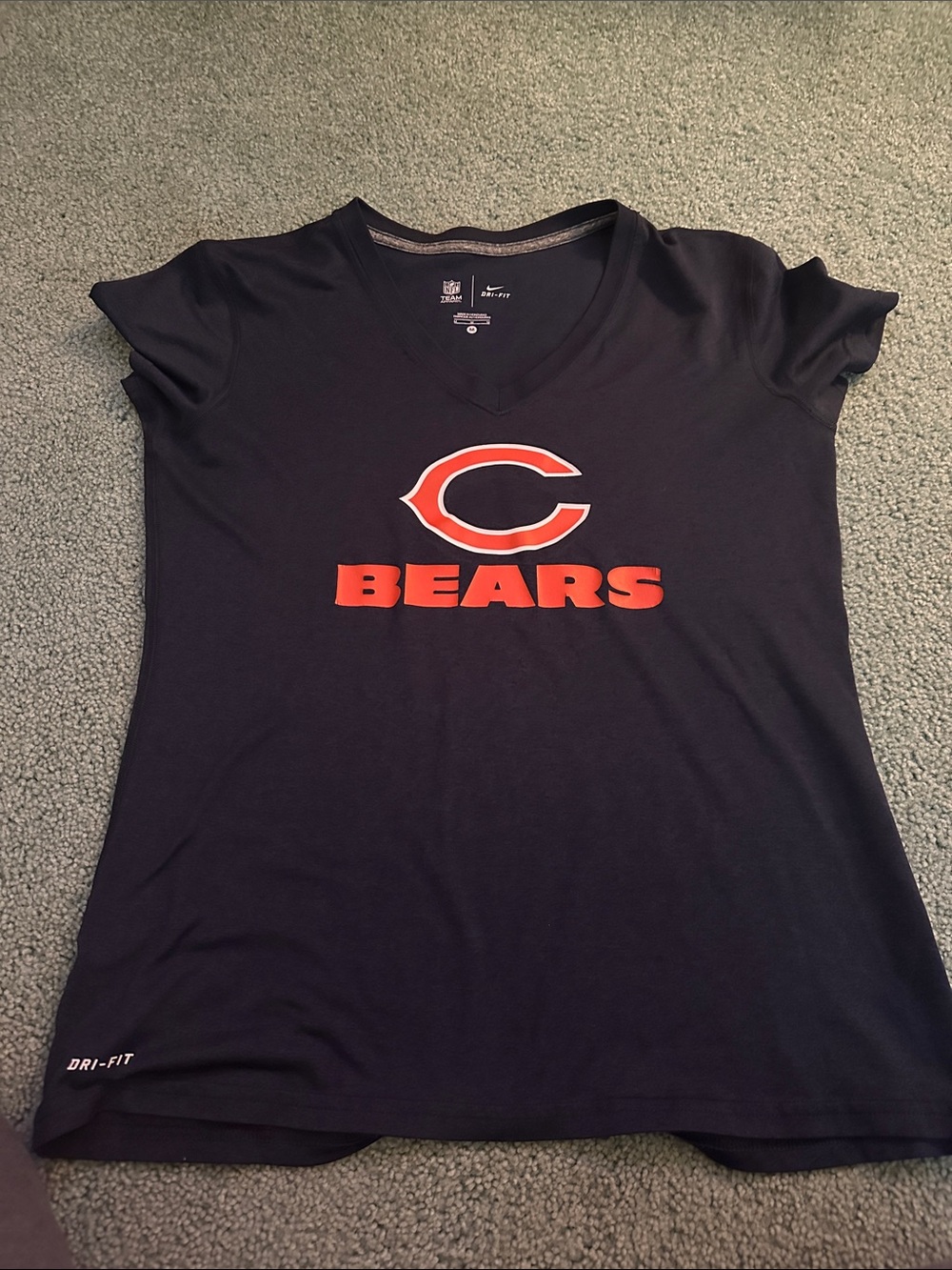 Nike Women's Navy V-Neck Chicago Bears Logo Tee with Orange Accent